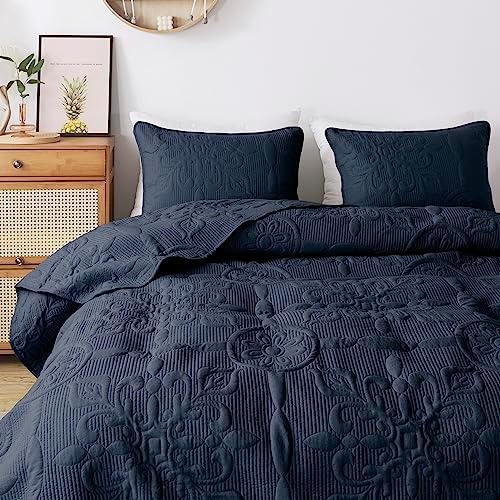 B2EVER Navy Blue Damask Quilt Queen Set with 2 Pillow Shams