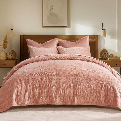 EVERGRACE Velvet Quilt Set Queen Size Pink Clay