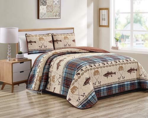 River Fly Fishing Themed Rustic Cabin Bedspreads Twin Set