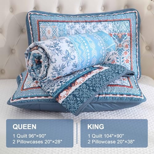 WONGS BEDDING Blue Boho Quilt Set King Size 3 Pieces