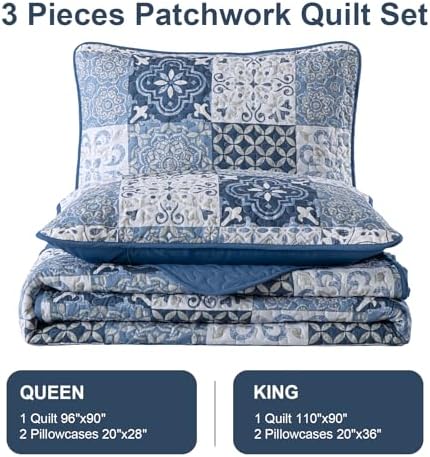 Dobuyly Blue Quilt Set King Size 3 Piece