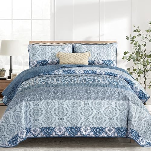 DJY Boho Quilt Set Queen Size 3 Pieces Navy Blue