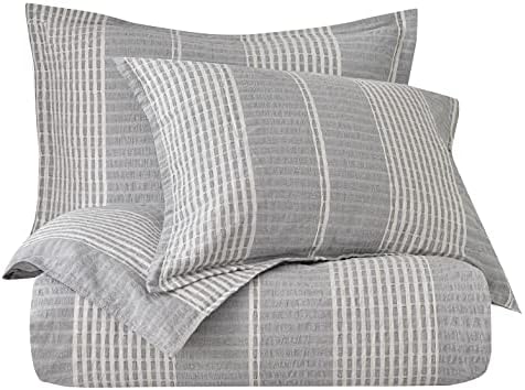 HiEnd Accents 3-Piece Duvet Cover Set Lane Gray White Stripe Seersucker
