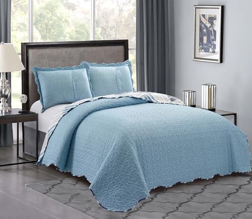 Brilliant Sunshine Blue Grey Stripe Quilt Set 3-Piece 1