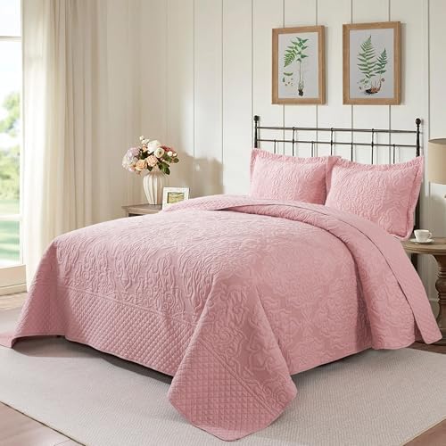 NEWLAKE Quilt Bedspread Set - Pink Floral Reversible Microfiber King Size