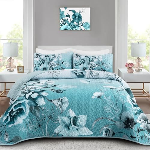 Drucon Blue Floral Quilt Set 3 Piece King Size