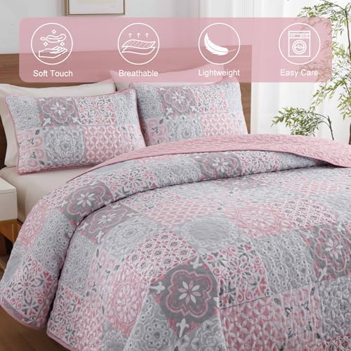 Dobuyly Pink Grey Quilt Set King Size