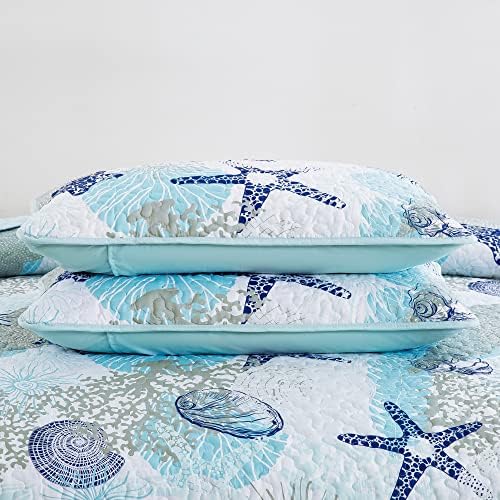 Dinjoy Coastal Quilt Set Queen Size Blue Ocean Theme