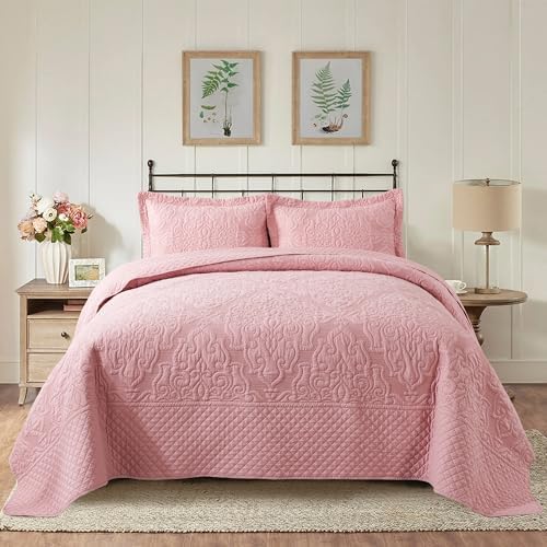 NEWLAKE Quilt Bedspread Set - Pink Floral Reversible Microfiber King Size