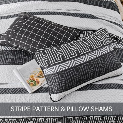 DJY Striped Quilt Set King Size 3 Pcs Black White