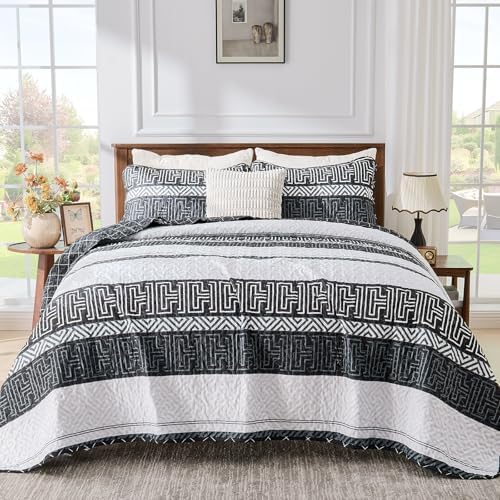 DJY Striped Quilt Set King Size 3 Pcs Black White