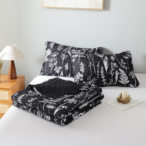 JANZAA Queen Size Quilt Set with Floral Pattern - Black 1