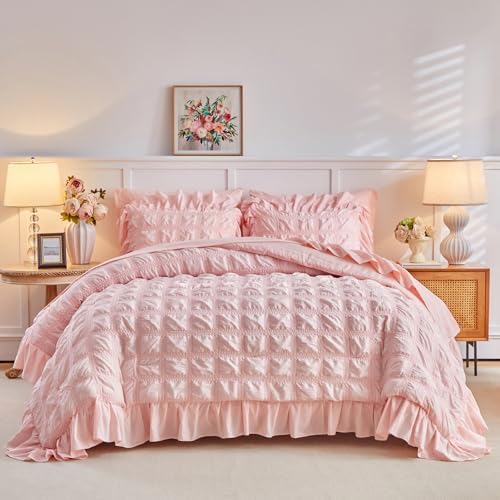 Tititada Blush Pink Plaid Seersucker Comforter Set
