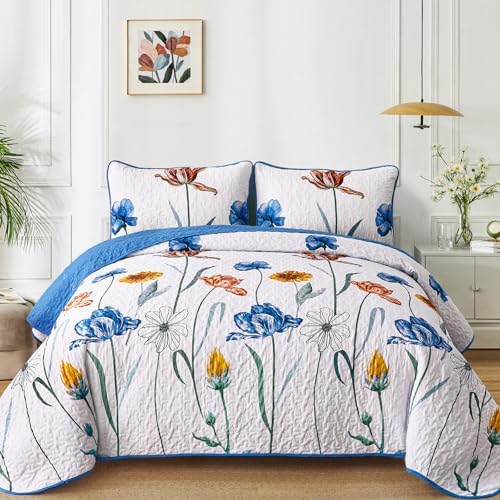 WONGS BEDDING Blue Floral Quilt Set King Size