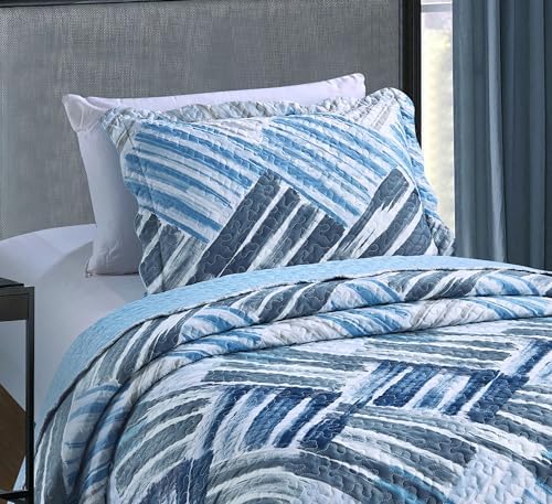 Brilliant Sunshine Blue Grey Stripe Quilt Set Twin 2-Piece with Sham