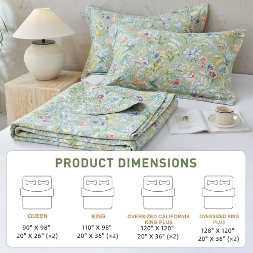 Lady Ann Green Floral 100 Cotton Queen Quilt Set