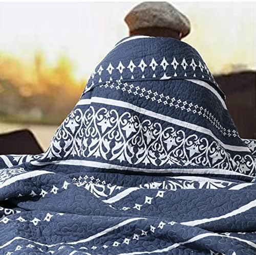 Qiqiong Queen Quilt Set Navy Blue White Striped