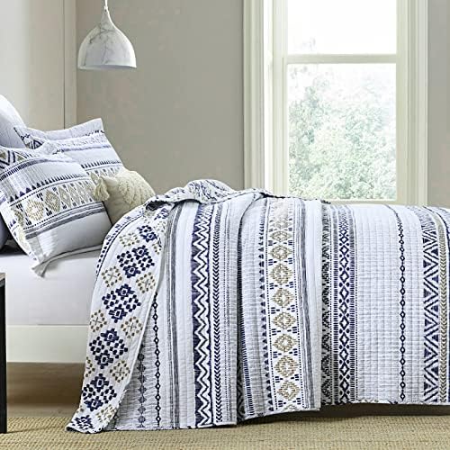 Finlonte Boho Quilt Set Queen Size 3 PCS White Navy Striped