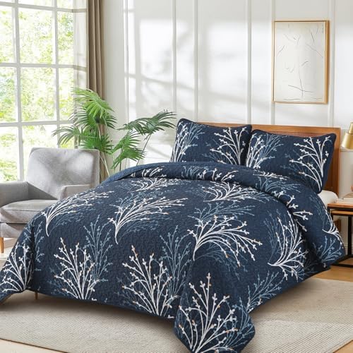 Navy Queen Quilt Set with Reversible Floral Design
