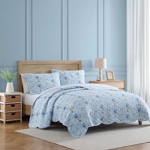 Laura Ashley Quilt Set with Scalloped Edges Peony Garden Blue FullQueen