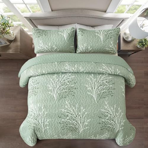 DJY Sage Green Botanical Quilt Set Twin Size