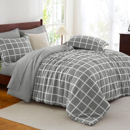 CozyLux Twin XL Plaid Comforter Set Grey 1
