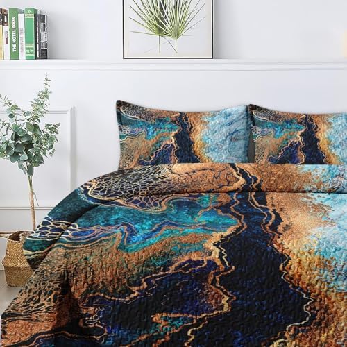 Pamnest Quilt Set Twin Size Blue Gold Marble 2 Pcs 1