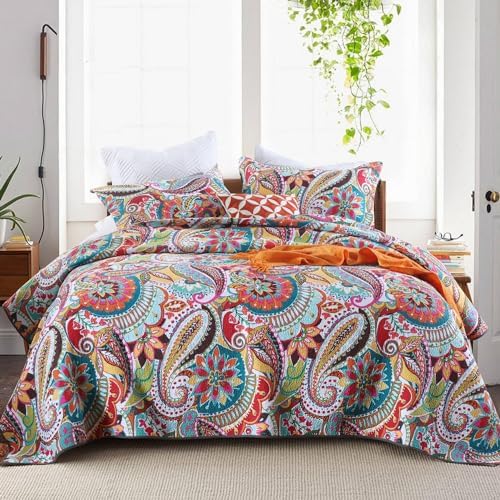 Qucover Cotton Twin Quilt Set with Paisley Pattern
