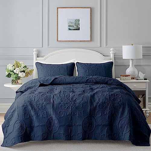 B2EVER Navy Blue Damask Quilt Queen Set with 2 Pillow Shams