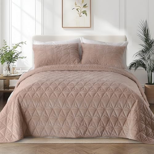 KASENTEX Velvet Quilt Set 102x106 Pink Brown