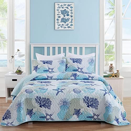 Dinjoy Coastal Quilt Set Queen Size Blue Ocean Theme