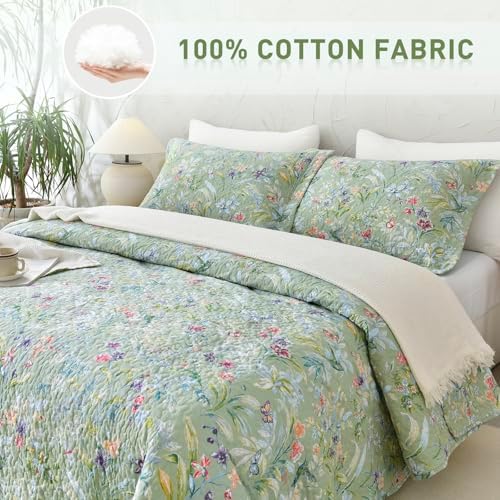 Lady Ann Green Floral 100 Cotton Queen Quilt Set