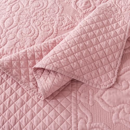 NEWLAKE Quilt Bedspread Set - Pink Floral Reversible Microfiber King Size