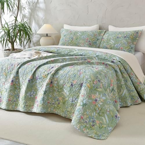 Lady Ann Green Floral 100 Cotton Queen Quilt Set