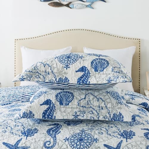 HoneiLife Coastal Quilt Set King - 3 Piece Ocean Themed Bedding