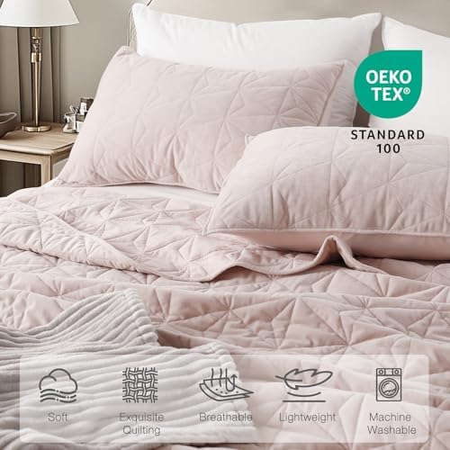 Luxury Velvet Oversized California King Quilt Set Rose Pink