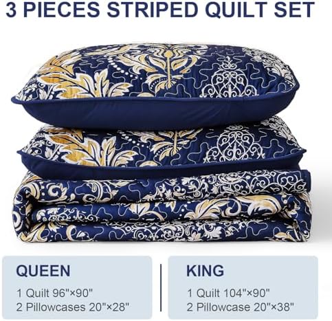 Navy Damask Quilt Set King 3Pcs Microfiber