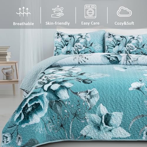 Drucon Blue Floral Quilt Set 3 Piece King Size