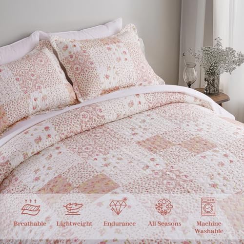 KASENTEX Twin Quilt Set 86x68 Pink Floral Patchwork