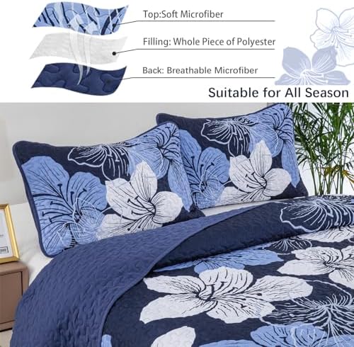 DJY 3 Piece Quilt Set California King Navy Blue Floral Pattern