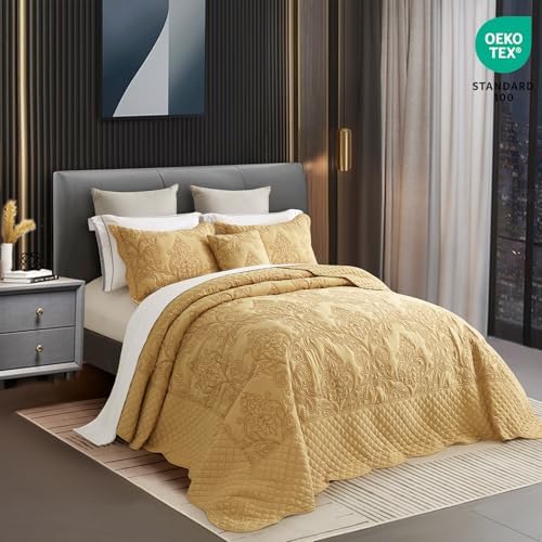 CHIXIN Oversized King Bedspread Coverlet Set - Honey-Gold Damask Paisley Pattern