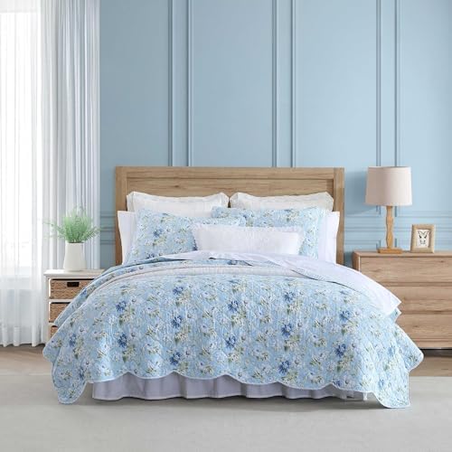 Laura Ashley Quilt Set with Scalloped Edges Peony Garden Blue FullQueen