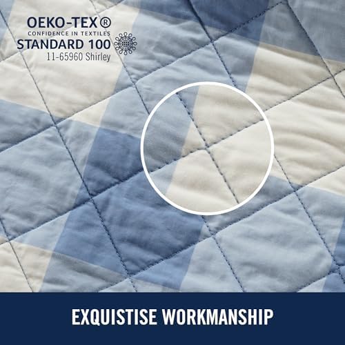 IZOD 100 Cotton Percale Quilt Set Reversible Twin Bedding Blue Gingham