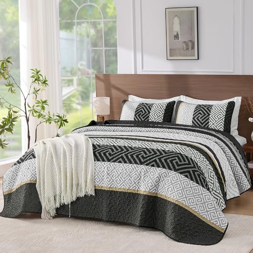 WONGS BEDDING King Size Quilt Set Black 3 Pieces 1