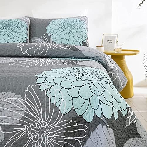 Yiran Grey Aqua Floral Queen Quilt Set 3pcs