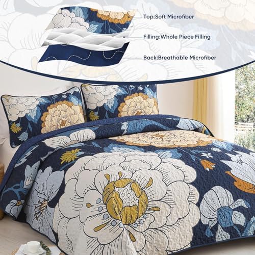 DJY Navy Floral Quilt Set 3 Piece Boho