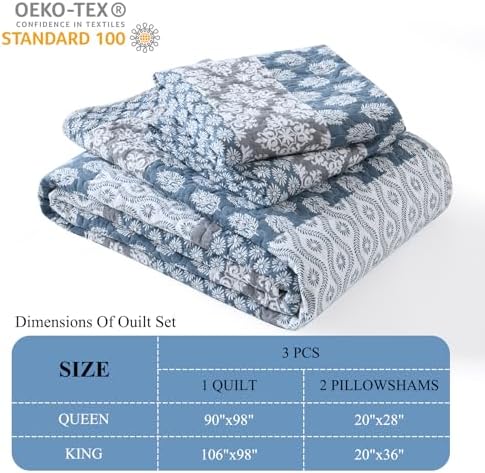 DDUOXIN Floral Quilt Set - Reversible Cotton King Quilt with 2 Pillow Shams