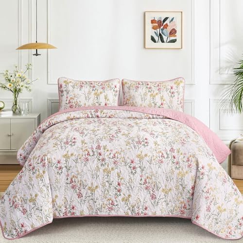 Anibedding King Size Quilt Set with Pink Floral Pattern 1