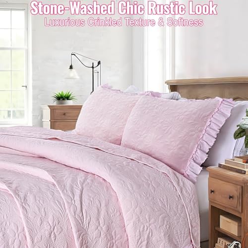 Uspring Pink Ruffled Floral Queen Comforter Set 3 Piece