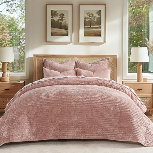 EVERGRACE Velvet Quilt Set King Size with 2 Shams
